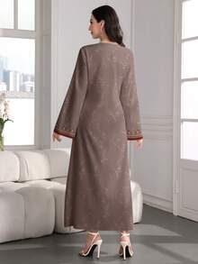 SHEIN Najma Women's Floral Print V-Neck Long Sleeve Elegant Arabic Style Maxi Dress, Spring/Autumn - Multicolor - View 2