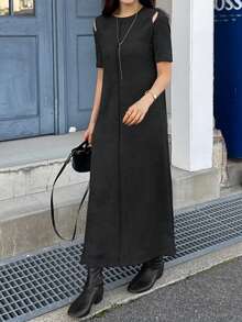 FRIFUL 女士圆领短袖露肩纹理直筒休闲连衣裙 - 黑色 - 查看 4