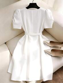 Franclia Women's Round Neck Short Sleeve Ruched Elegant Pearl Decor Mid-Length Dress - White - View 2
