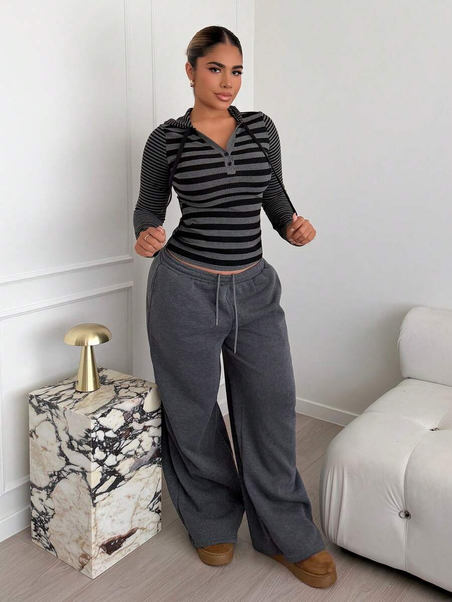 Maria Perezxox 秋冬新款休闲宽松弹力腰阔腿运动裤加厚保暖内衬百搭修身 - 深灰色 - 查看 1