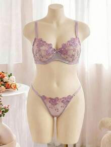 Esselle 2 piezas Conjunto de lencería azul marino talla grande para mujer, con efecto levantador - Morado - Ver 6