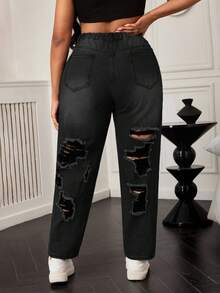 SHEIN SXY Plus Size Distressed Loose Mom Jeans - Black - View 2