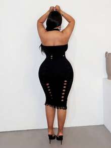 Maweii Plus Size Women Sexy Solid Color Hollow Backless Halter Dress - Black - View 5