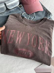 Comfortcana 加大码短袖纯棉T恤，水洗雪花图案，春季款 - 棕色 - 查看 3