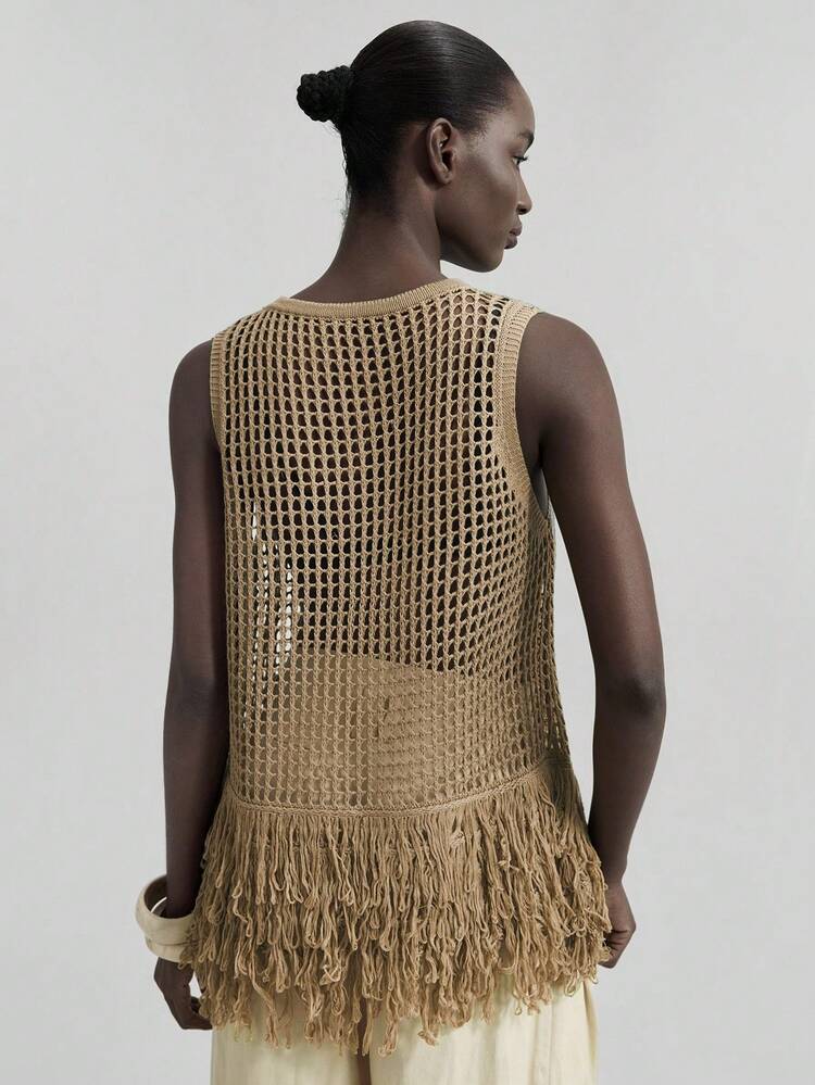 2026SS Women's Tassel Hem Hollow Out Knit Sleeveless Tank Top, Linen Pullover Knit Vest Bohemian Style Women's Resort Beach Outfit, Women's Elegant Countryside Style Outerwear, Women's Holiday Beach Outfit, Women's Office Outfit