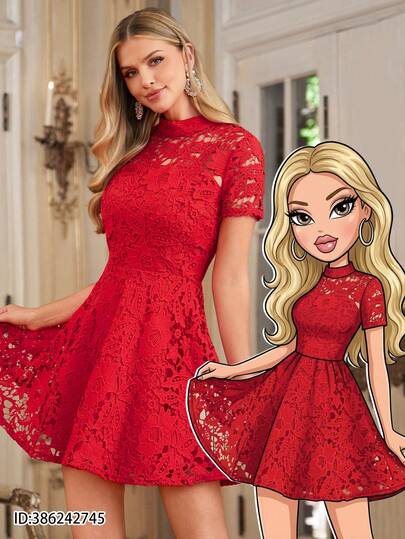 Amorya Women's New Elegant High-End Waist-Cinching Slimming Water-Soluble Embroidered A-Line Mini Dress, Exquisite And Graceful Red Dress Summer Dress Vacation Dresses  Brunch Outfits For Women Wedding Guest Dress Red Dress For Women Summer Dresses For Women Red Lace Dress Red Cocktail Dress Red Dresses For Women Red Homecoming Dress Red Wedding Guest Dress