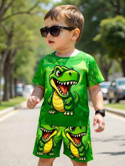 2pcs/Set Toddler Boys' Casual Dinosaur & Leaf Print Short Sleeve T-Shirt And Shorts Set, Comfortable Daily Wear, Spring/Summer