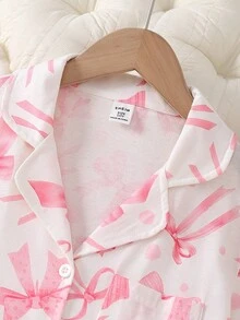 女童经典条纹粉色蝴蝶结领短袖短裤休闲舒适两件套睡衣。母女亲子装（3套单独出售） - 彩色 - 查看 8
