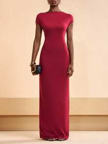 Zivah 2026春夏新款，优雅露背连衣裙，船领设计，泡泡袖，扭腰设计，适合婚礼、音乐节、复活节等场合。波西米亚风露背连衣裙，深V领裹身连衣裙，女士连衣裙，Ycv9w折扣码，女士裹身连衣裙，婚礼宾客惊艳礼服 - 酒紅色 - 查看 7