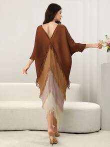 Al Najma Đầm phối màu be tay lửng cổ chữ V xếp ly tua rua dành cho nữ - màu nâu - Xem 3