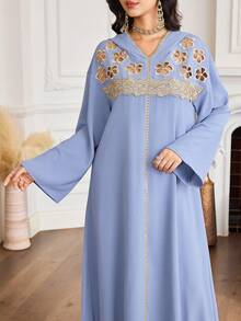 Al Najma Women's Floral Embroidery Hollow Out Dolman Sleeve Hooded Arabic Traditional Long Robe - Blue - View 5