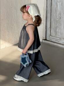 DAZY 2pcs/Set Toddler Girls' Washed Korean Style Lace Camisole & Loose Casual Jeans Pants - Blue - View 6