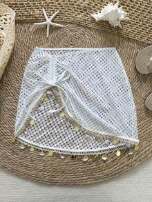 Swim Vcay 2026新款女士夏季沙滩度假网纱特殊面料亮片流苏抽绳腰半身裙罩衫 - 杏色 - 查看 3