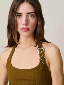Nöista Olive Green Ribbed Tank Halter Top Features A Square Neckline With An Adjustable Buckle Strap. Boho, Westerm, Easter, Spring, Summer. - Coffee Brown - View 5