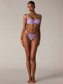 SHEIN BAE 2pcs Purple Romantic Floral Embroidery Women Sexy Lingerie Set - Purple - View 4