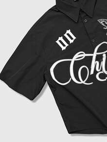 Men's Letter & Angel Print Button Front Short Sleeve Shirt - Black - View 4