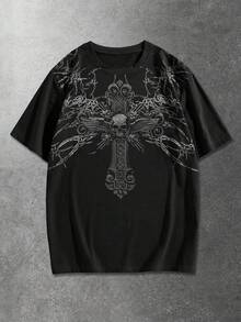 ROMWE MEN 男士休闲十字印花圆领短袖T恤，夏季 - 黑色 - 查看 1