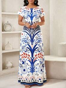 SHEIN Lady 女士度假植物印花圆领短袖休闲连衣裙 - 彩色 - 查看 7