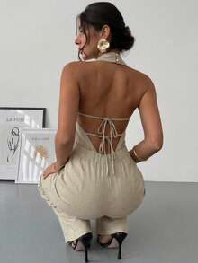 Firerie 女士优雅新款春夏亚麻质感连体裤，复古现代不对称领无袖露背蝴蝶结装饰修身黑色办公连体裤，适合音乐会、舞会和狂欢节等场合。 - 杏色 - 查看 6