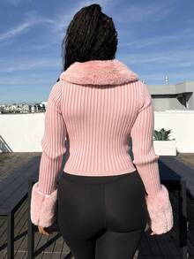 秋冬毛绒罗纹针织纽扣前开衫、长袖上衣 - 粉色 - 查看 2