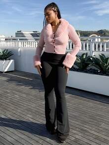 秋冬毛绒罗纹针织纽扣前开衫、长袖上衣 - 粉色 - 查看 4