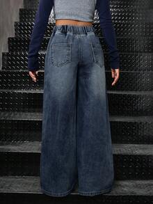 SHEIN Tween Girls' Elastic Waist Pockets Wide Leg Loose Casual Jeans - Dark Wash - View 2