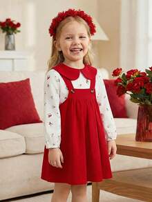 两件套女童舒适休闲红色领子可爱印花长袖上衣搭配同色红色背带裙套装，百搭乡村风，适合春秋季日常穿着，居家、户外、旅行、上学等场合。 - 彩色 - 查看 3