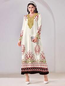 Yasmyna Casual Floral Print Contrast Lace Flare Sleeve Loose Arabic Dress - Multicolor - View 3