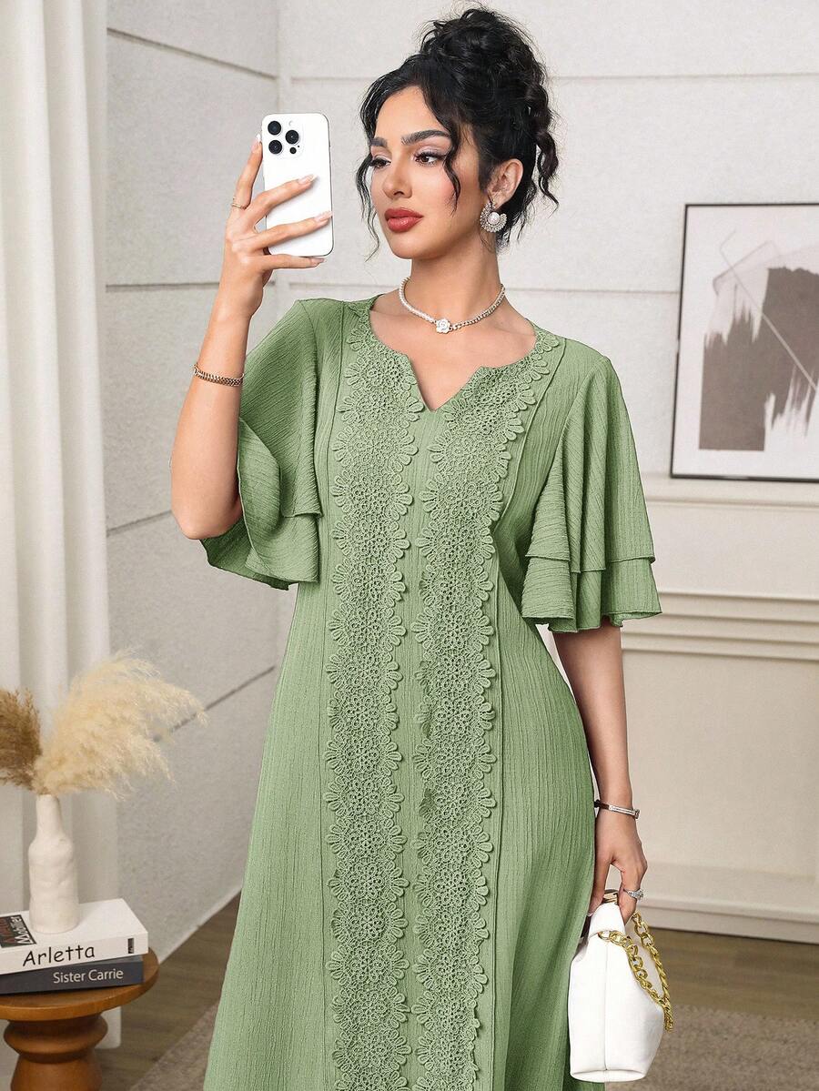 Al Najma 女士优雅拼接水溶蕾丝镂空领阿拉伯风格连衣裙，夏季 - 綠色 - 查看 1