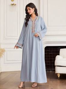 Yasmyna Women's Elegant Butterfly & Floral Jacquard Flared Sleeve Loose Arabic Style Dress, Vacation Vibe - Blue - View 3