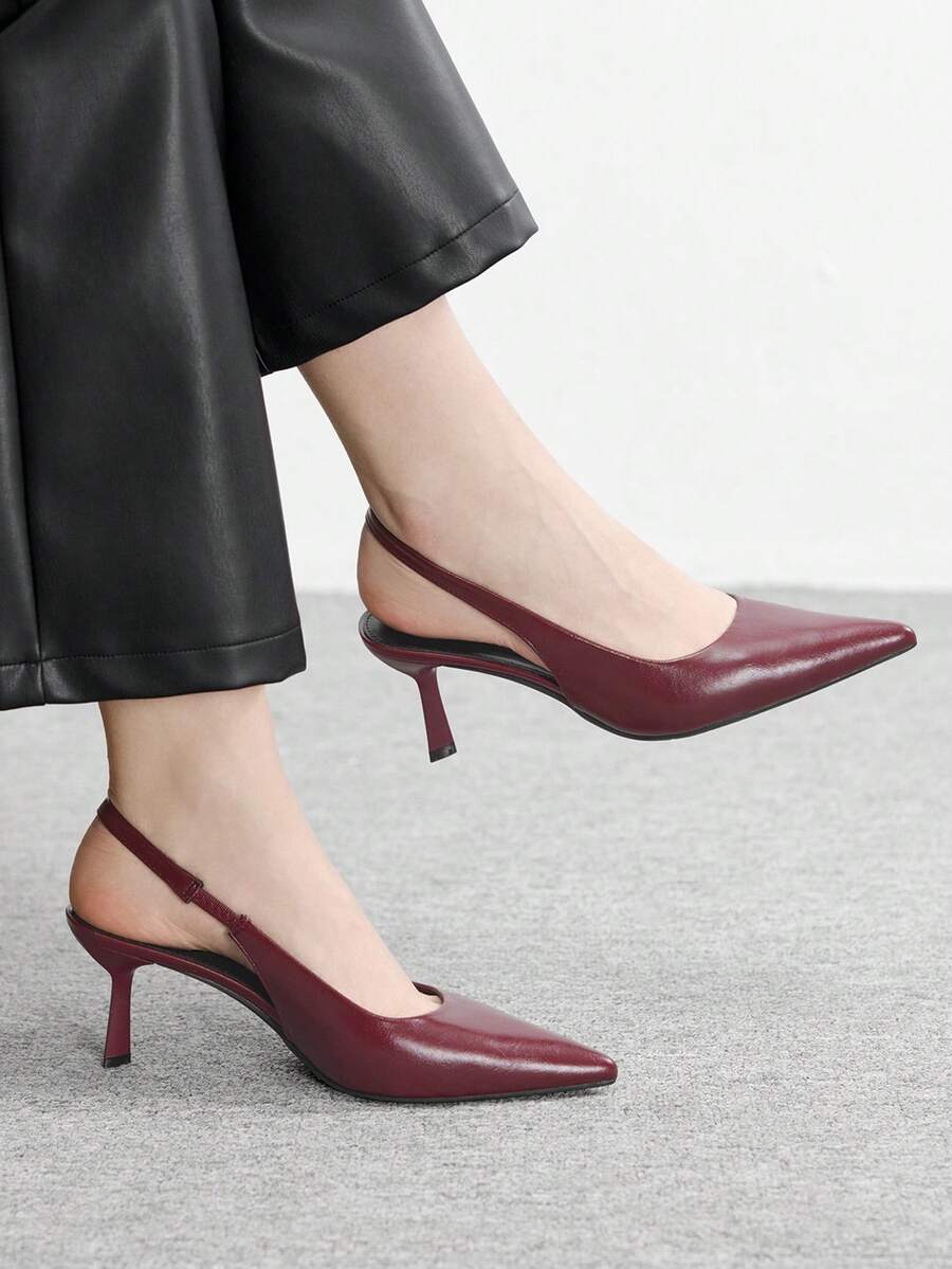 CUCCOO BIZCHIC 四季新款酒红色尖头细跟高跟低帮女鞋,日常百搭通勤商务晚宴派对女鞋 - 油皮酒紅 - 查看 1
