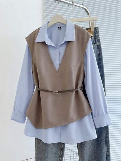 Franclia 大码女装春夏新款舒适商务休闲通勤衬衫裙，配腰带、针织背心、羊毛面料、不对称下摆，优雅通勤及下午茶套装