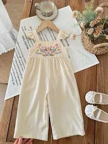LMoss Kids Cute Baby Girl's Ruffled Sleeve Romper With Adorable Floral Embroidery, Perfect For Summer Vacation, Casual And Stylish. - Khaki - View 6