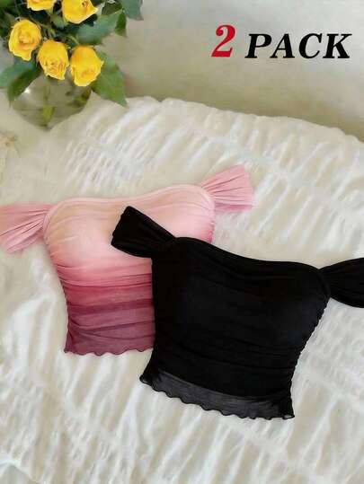 SHEIN MOD Set de 2 tops cortos con hombros descubiertos, volantes y malla para mujer