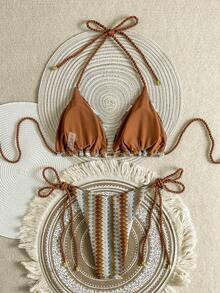 Swim Vcay Summer Women 2pcs Crochet Knitted Rope Halter Neck Triangle Bikini Set With Side Tie Swim Shorts - Multicolor - View 2