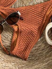 Swim Mod Women's Orange Ruched Halter Tie Sexy Beach Bikini Swimsuit Set, Summer - Orange - View 6