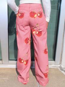 Steph T 女士休闲水洗樱桃印花牛仔裤 - 粉色 - 查看 2