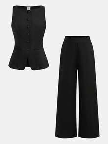 Firerie Kids Tween Girls Black Waist Cinched 2 Pieces Set: Shirt Camisole & Relaxed Fit Pants, Casual Daily Commute Versatile Fashion Outfit For Sisters Photo Shoot - Black - View 10