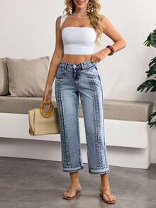 Breezaya Quần jeans ống đứng dáng rộng, thoải mái, thích hợp cho kỳ nghỉ của nữ. - Rửa tối - Xem 6