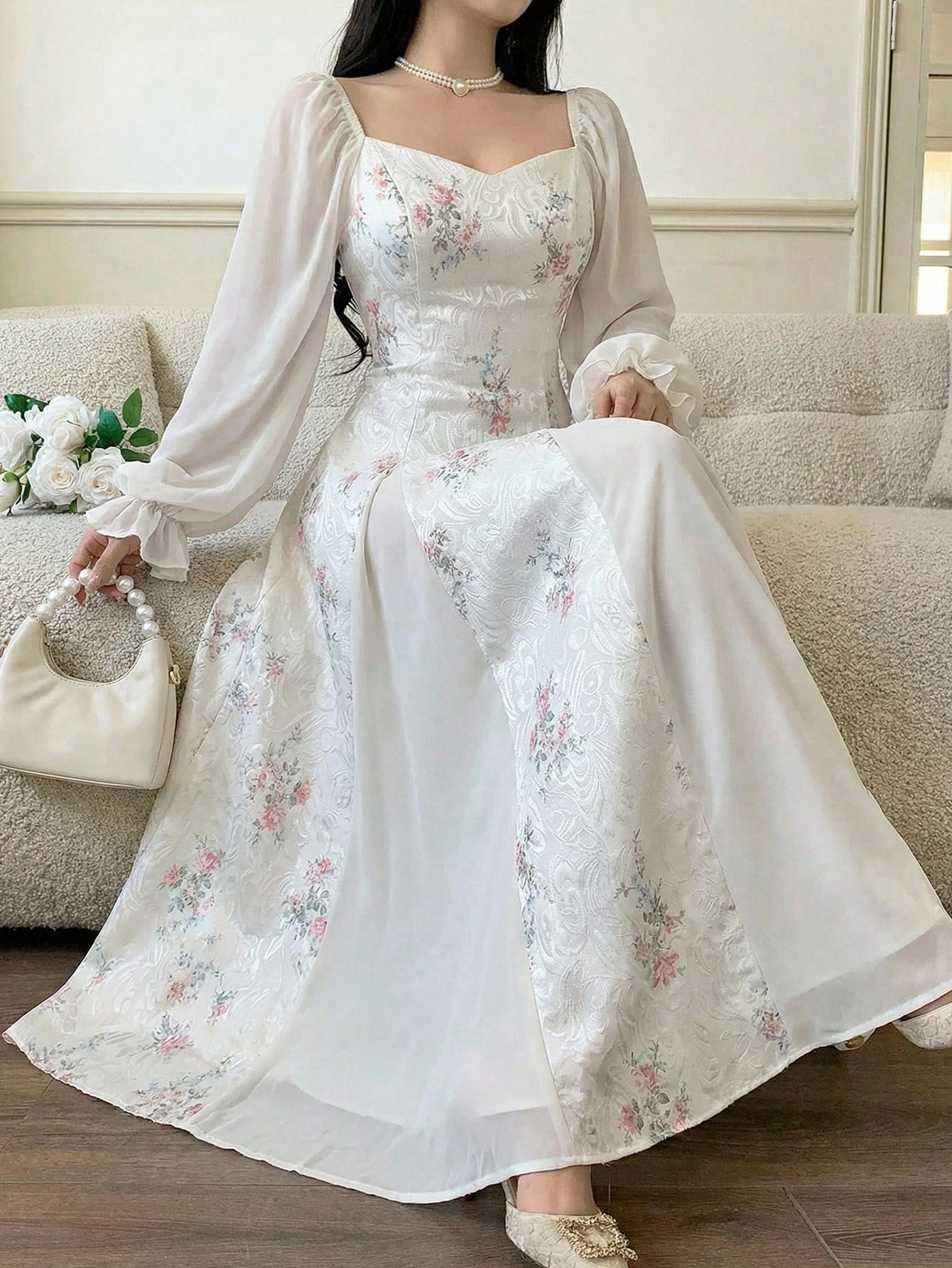 Feyla فستان أنيق للنساء بأكمام منفوخة مطبوع