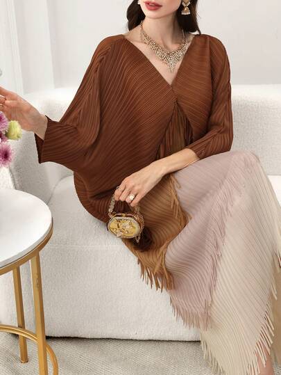 Al Najma Vestido de mujer con bloque de color, cuello en V, manga 3/4, plisado y flecos en color camello