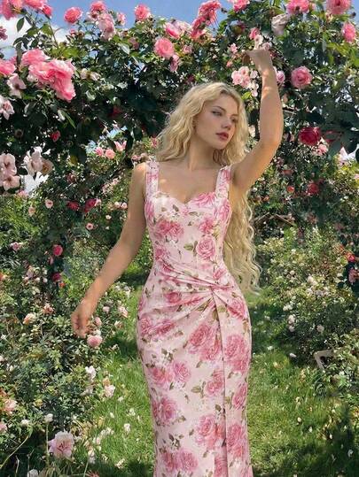 SHEIN MOD Women's Floral Print Button Elegant Slim Fit Dress, Spring/Summer Outfit, Valentine's Day Dress, Women's Carnival Costume, Perfect For Vacation, Date, Picnic, Party, Prom, Festival, And Birthday Wear, Wedding Guest Dresses, Elegant, Formal Dress, Floral Dress, Vintage, Retro, Garden Party Dress, Long Bodycon Dress