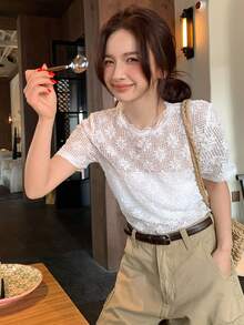 DAZY Women's Hollow Mesh Crochet Lace Short Sleeve Blouse Top - White - View 5