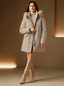 Anewsta 厚实长款蓬松毛领内衬收腰派克大衣，女式冬季夹克 - 米色 - 查看 6