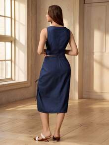 Selenza Elegant Casual Bow Tie Sleeveless Top With Elastic Waist Drawstring Skirt, Blue Washed Denim 2-Piece Set For Women - Dark Wash - View 2