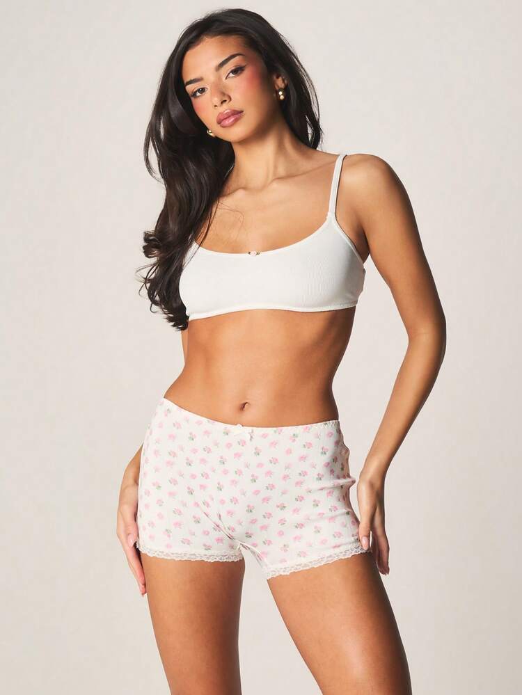 MISSGUIDED Floral Print Boyshorts With Delicate Lace Trim Comfortable Underwear For Spring Summer Everyday Wear Full Coverage Hipster Style