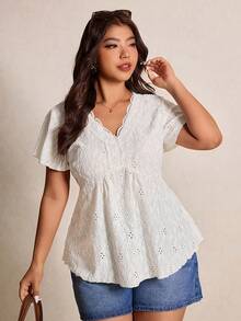 Elaquor 大码扎染花卉V领蕾丝拼接纹理女式T恤 - 米色 - 查看 5