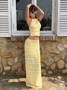 MainGRL 's Pale Yellow Summer Casual Vacation Holiday Outfit,Textured Knit Backless Halter Top And Mid-Waisted A-Line Skirt Set For Women,Elegant - Light Yellow - View 4