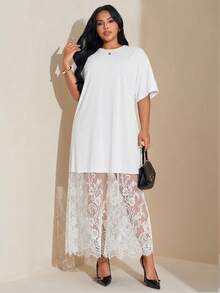 SHEIN Tall CURVE 大码纯色宽松休闲短袖T恤蕾丝连衣裙，时尚百搭，适合外出和通勤。 - 白色 - 查看 6