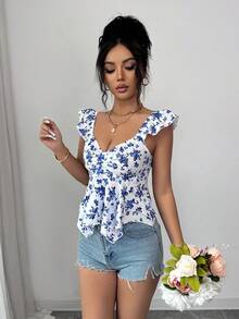 Rafferiza 女士时尚优雅小碎花印花短袖不对称下摆度假T恤，春秋季 - 藍色 - 查看 4